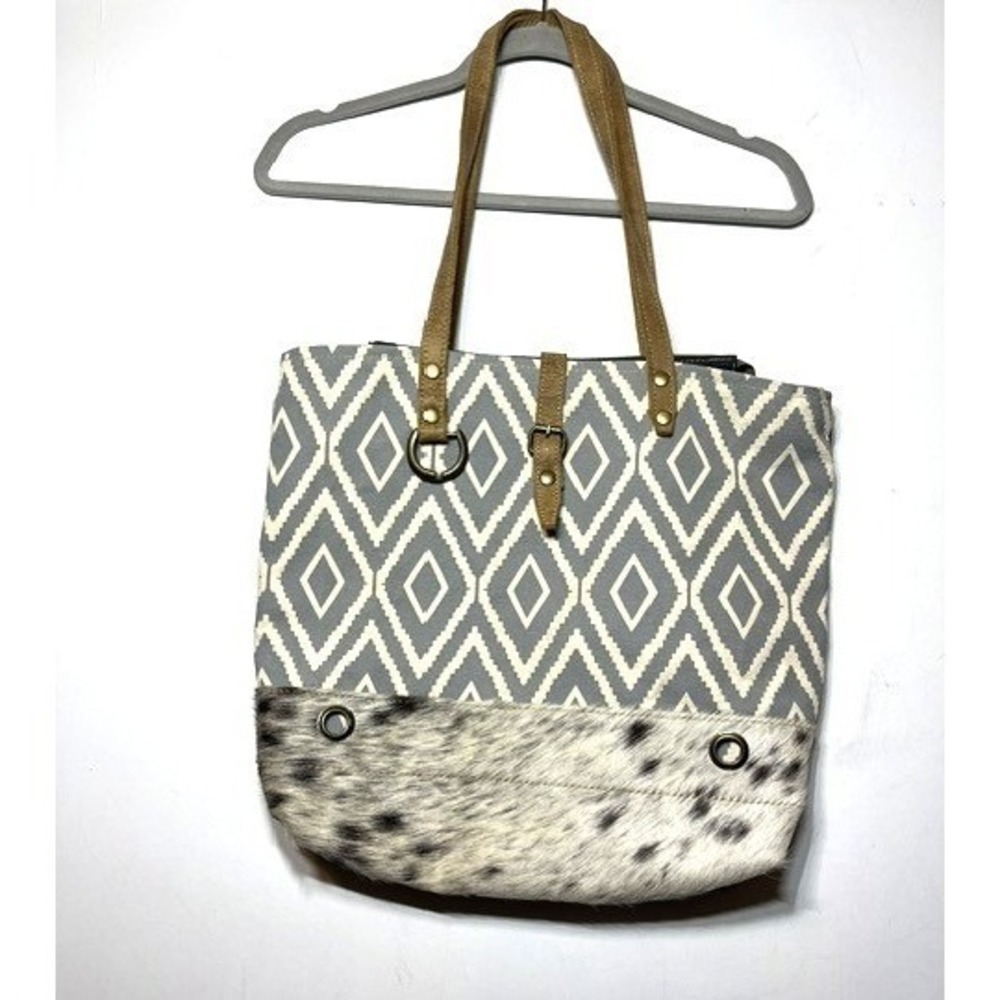 Myra Bag Western Shoulder Vacation Tote with Leather Cowhide Canvas